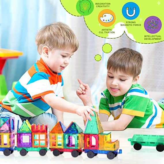 Magworld® Magnetic Tiles with 2 Cars Kids Gifts Boys Toys for 3 Year Old Boys Educational Toys for Toddlers Kids Age 3-5 4-8 Car Train Building Toys