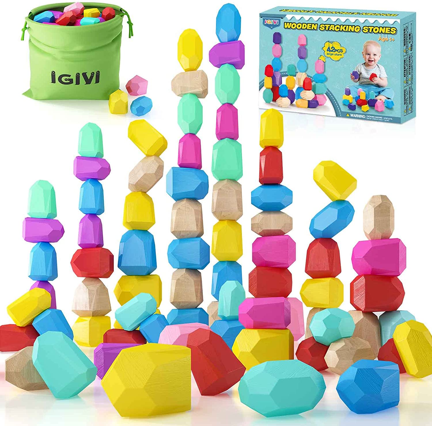 IGIVI Montessori Toys for 1 2 3 Year Old Boys Girls, 42PCS Wooden Sort ...