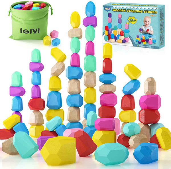 IGIVI Montessori Toys for 1 2 3 Year Old Boys Girls, 42PCS Wooden Sorting Stacking Rocks, Preschool Educational Sensory Toys for Toddlers 1-3, Building Blocks Game for Kids 3+ Year Old
