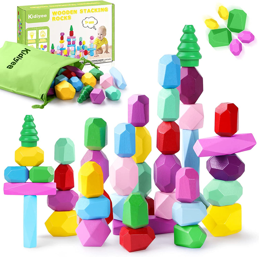 Kidiyee Montessori Toys for 1 2 3 4 5 Year Old Girls and Boys, Wooden Sorting Stacking Rocks Balancing Stones, Building Blocks Toys for Kids, Preschool Educational Sensory Toys for Toddlers 1-3