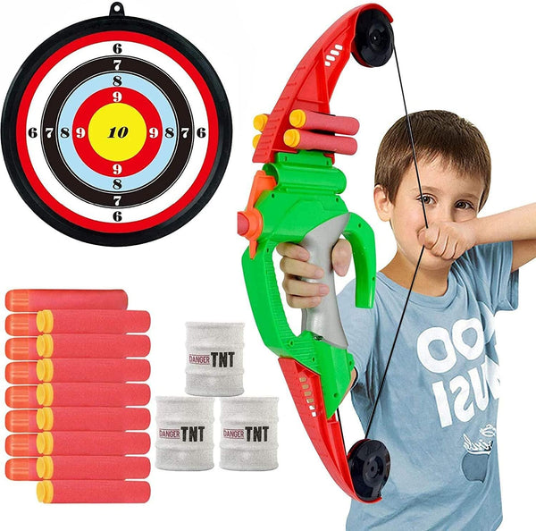 Archery Set Bow and Arrow for Kids - 18 inch Bow with Bullet Holder, 8 Foam Darts with Suction Cup, Target - Target Practice Shooting Games Indoor Outdoor Toys for 4+ Year Old Boys and Girls
