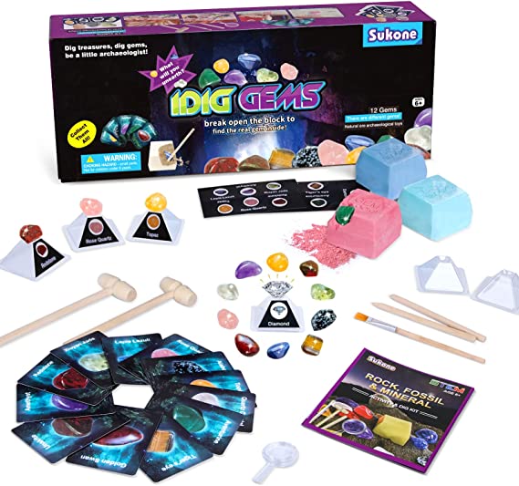 Science Kits for Kids Age 6 7 8-12 Boys Girls - Gemstone Dig Kit- Break Open 12 Gemstones Blocks Discover 13 Real Precious Gemstones Crystal Diamond Learn About Mineralogy & Geology - STEM Toys