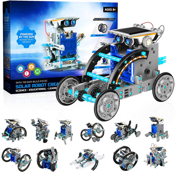 STEM Solar Robot Toys 12-in-1, 190 Pieces Solar and Cell Powered 2 in 1,  Educational DIY Assembly Kit Science Building Set Gifts for Kids Aged 8+