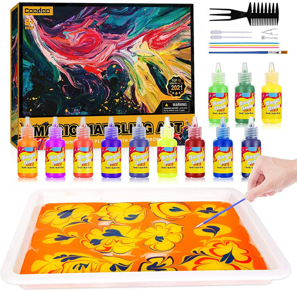 Coodoo Upgrade 12-Color Marbling Paint Arts & Crafts Gifts for Kids, Art Kits Create Your Own Unique Painting STEM Activities Crafts Toys for Ages 6+
