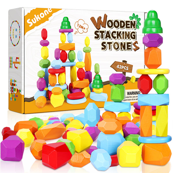 42PCS Wooden Stacking Rocks Toddler Toys, Montessori Toys for 1 2 3 Year Old, Educational Preschool Learning Building Blocks Sensory Toys for Boys & Girls Age 3-6 Birthday Gifts